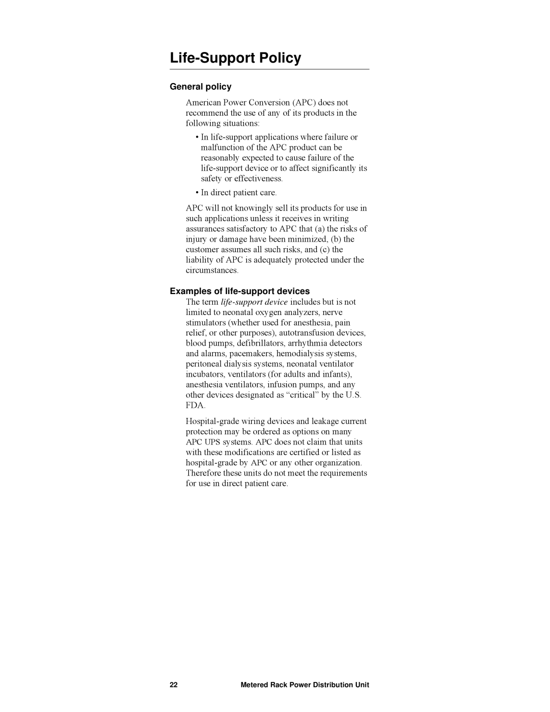 APC AP7820, pdu0123b manual Life-Support Policy, General policy, Examples of life-support devices 