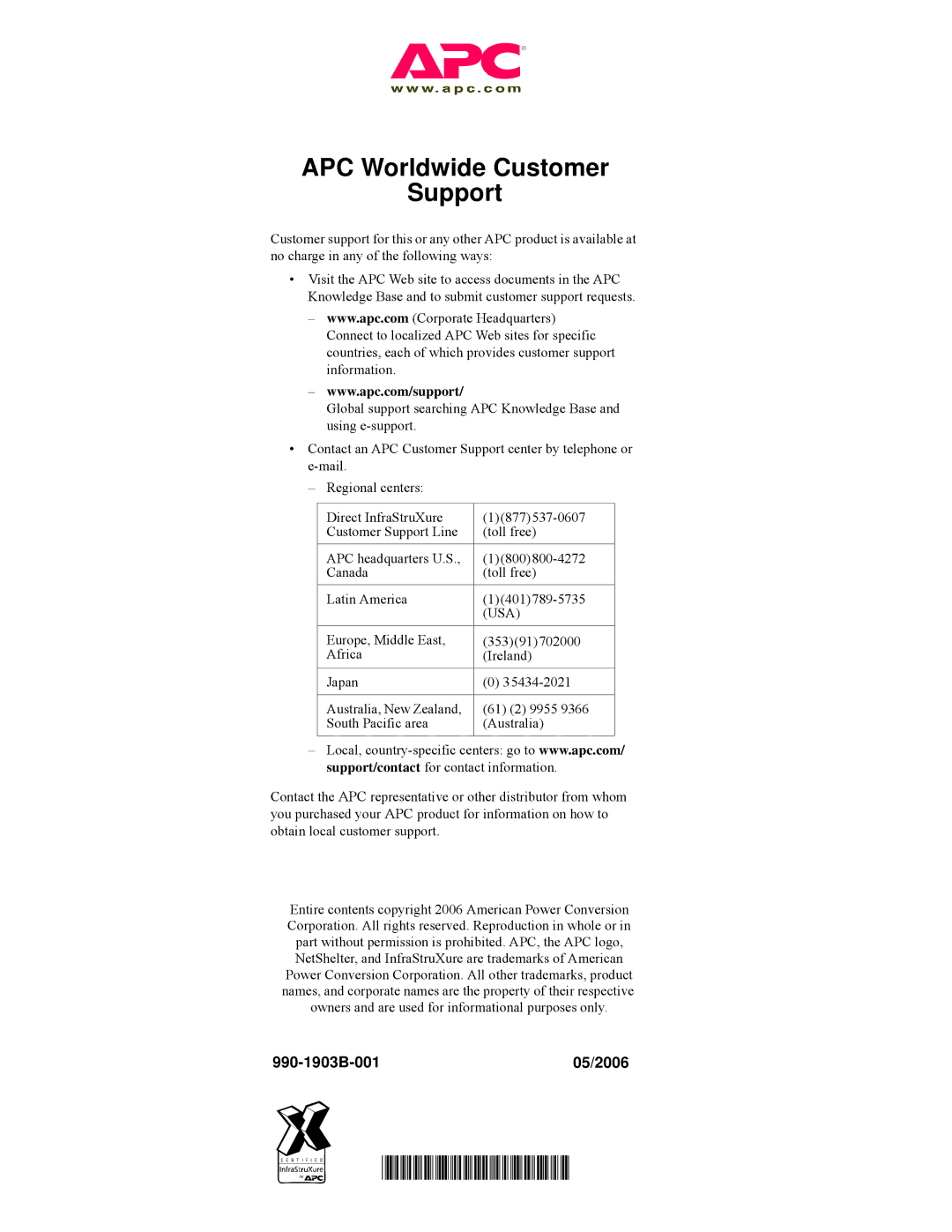 APC AP7820, pdu0123b manual APC Worldwide Customer Support, 990-1903B-00105/2006 