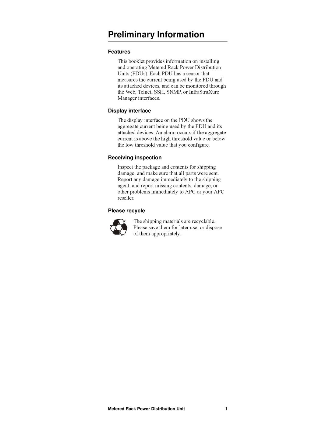 APC pdu0123b, AP7820 manual Preliminary Information, Features, Display interface, Receiving inspection, Please recycle 