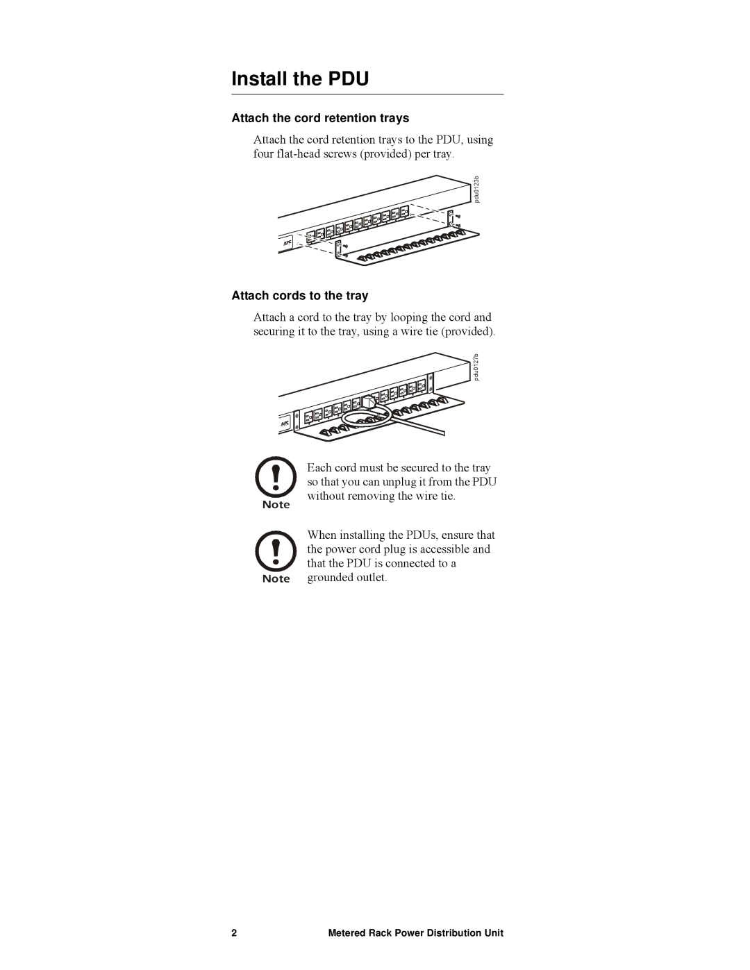 APC AP7820, pdu0123b manual Install the PDU, Attach the cord retention trays, Attach cords to the tray 