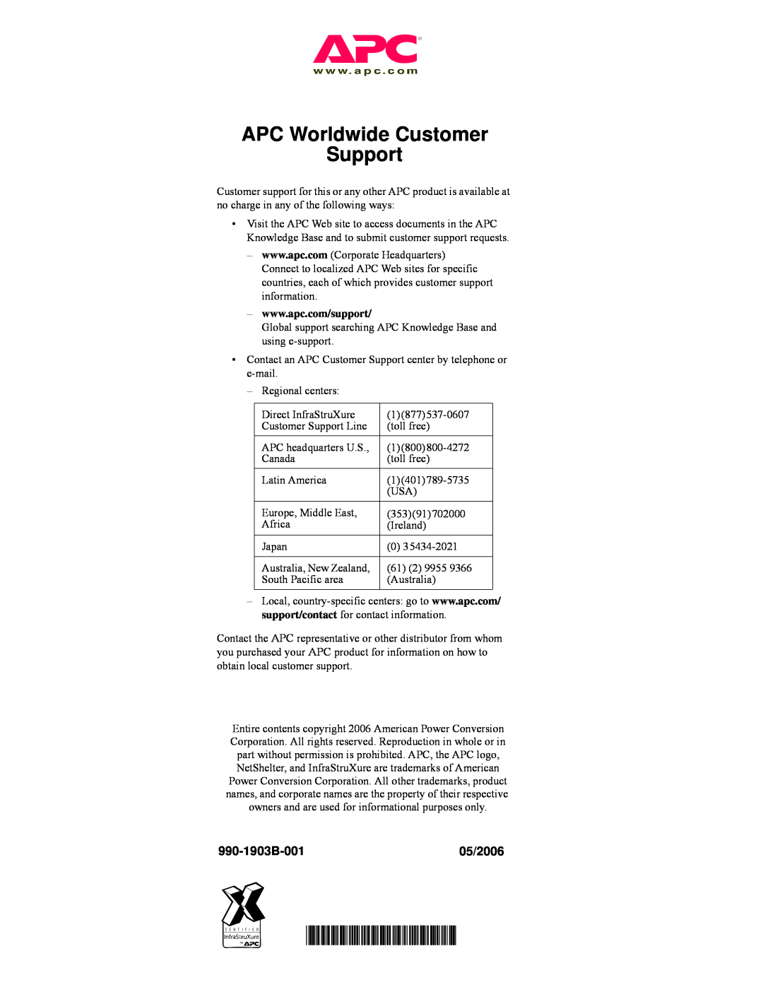 APC AP7820, pdu0123b manual APC Worldwide Customer Support, 990-1903B-00105/2006 