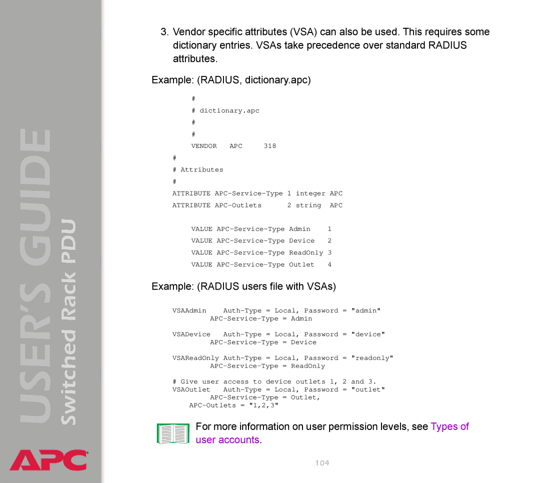 APC AP7900 manual Example Radius users file with VSAs 