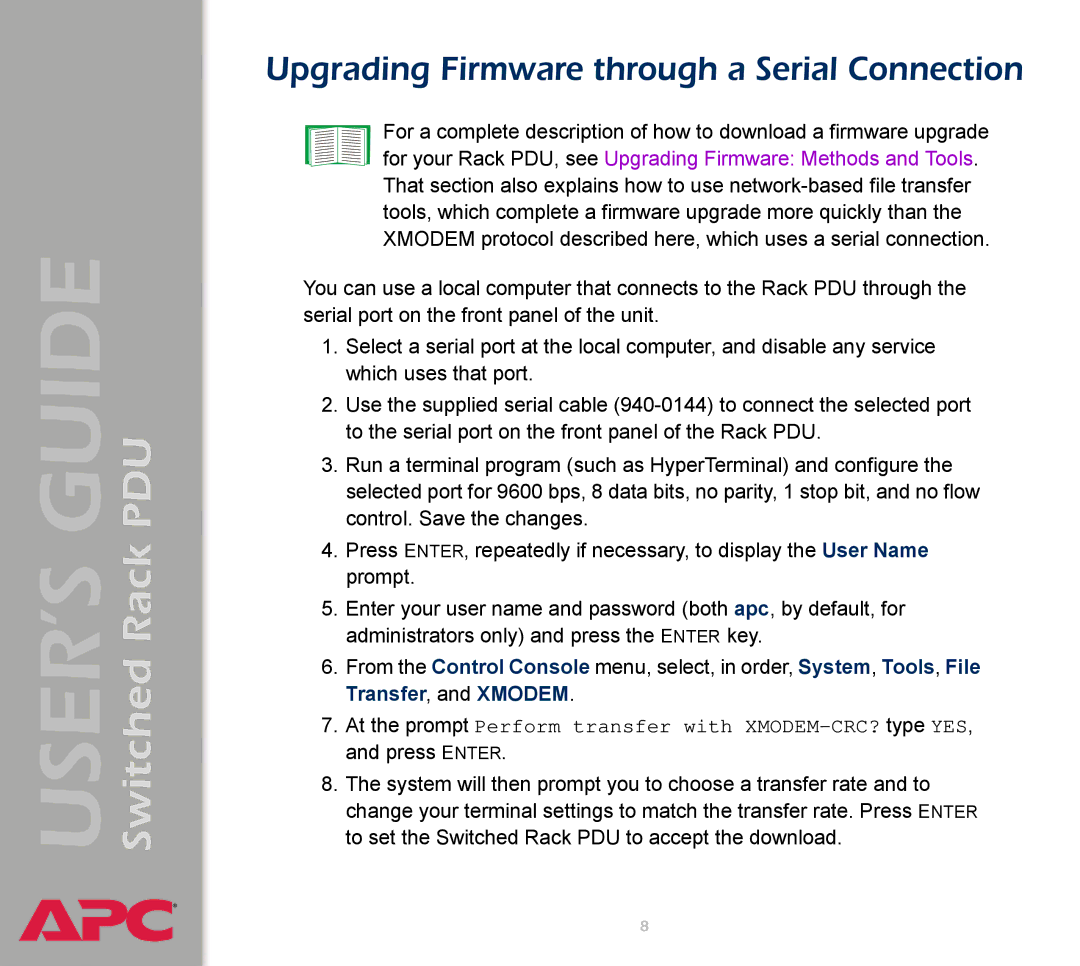 APC AP7900 manual Upgrading Firmware through a Serial Connection 