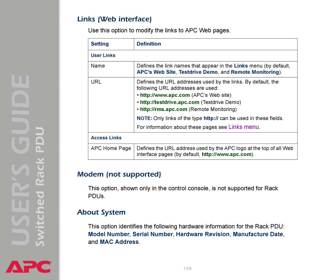 APC AP7900 Links Web interface, Modem not supported, About System, APC’s Web Site , Testdrive Demo , and Remote Monitoring 