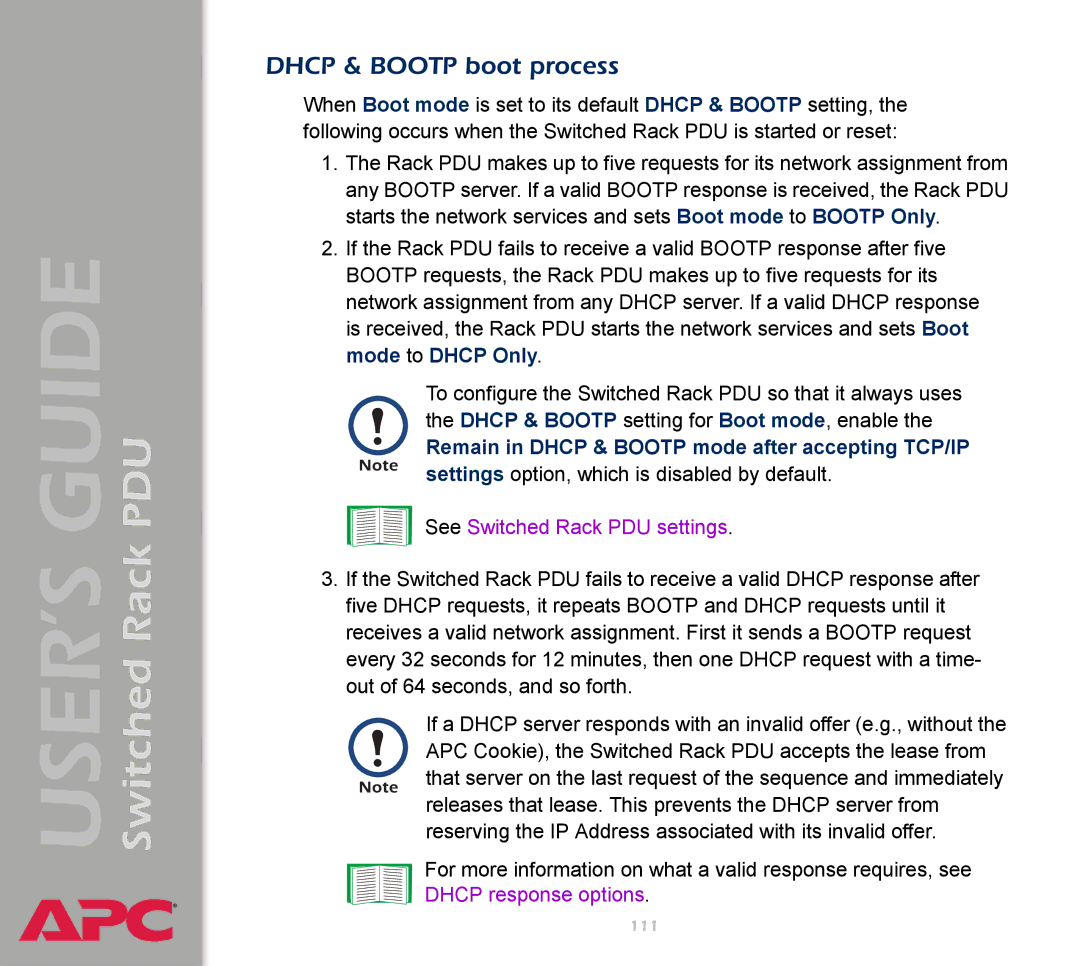 APC AP7900 manual Dhcp & Bootp boot process, See Switched Rack PDU settings 