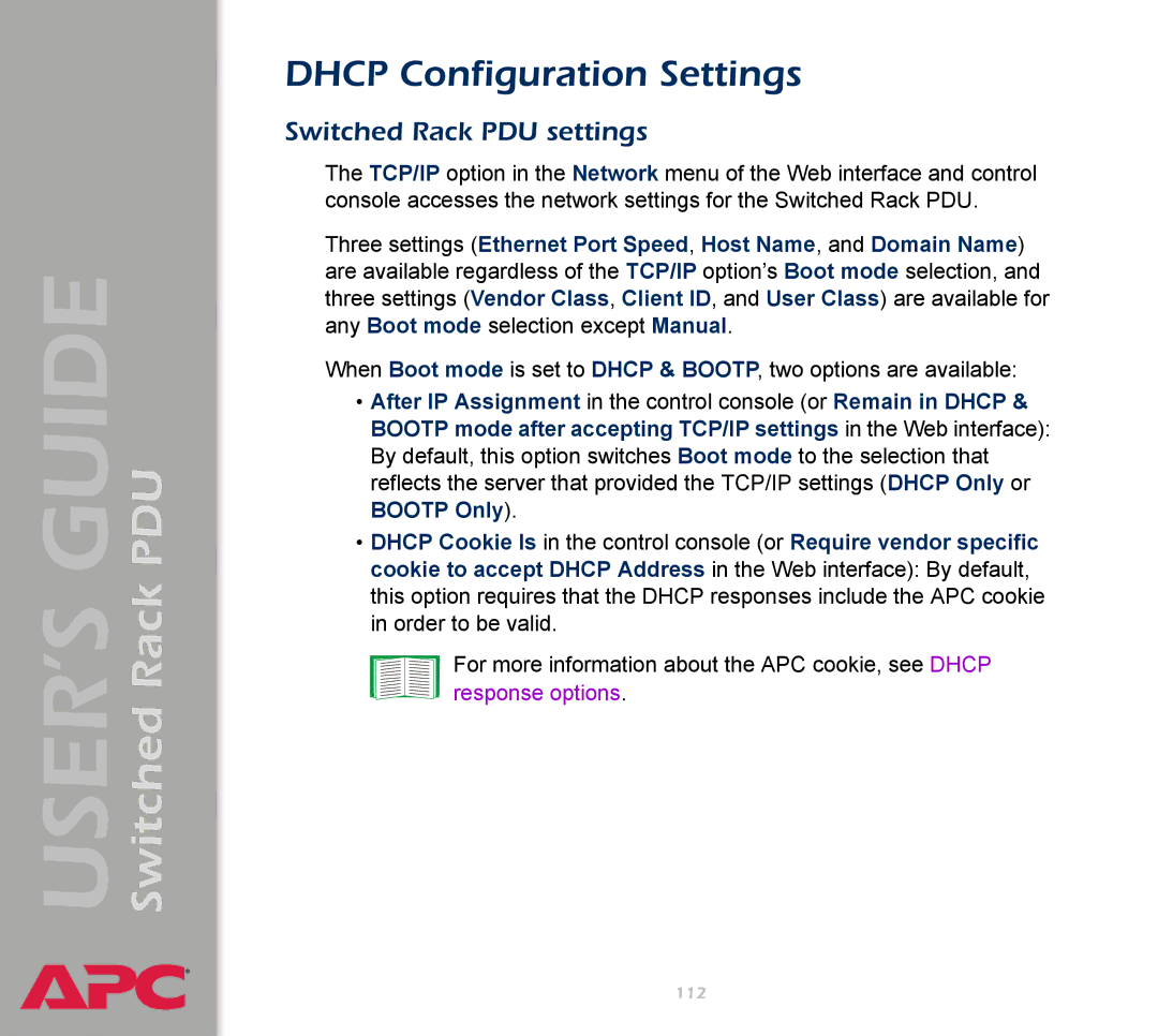 APC AP7900 manual Dhcp Configuration Settings, Switched Rack PDU settings 