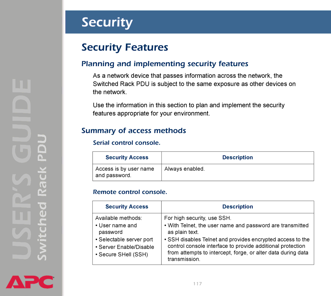 APC AP7900 manual Security Features, Planning and implementing security features, Summary of access methods 