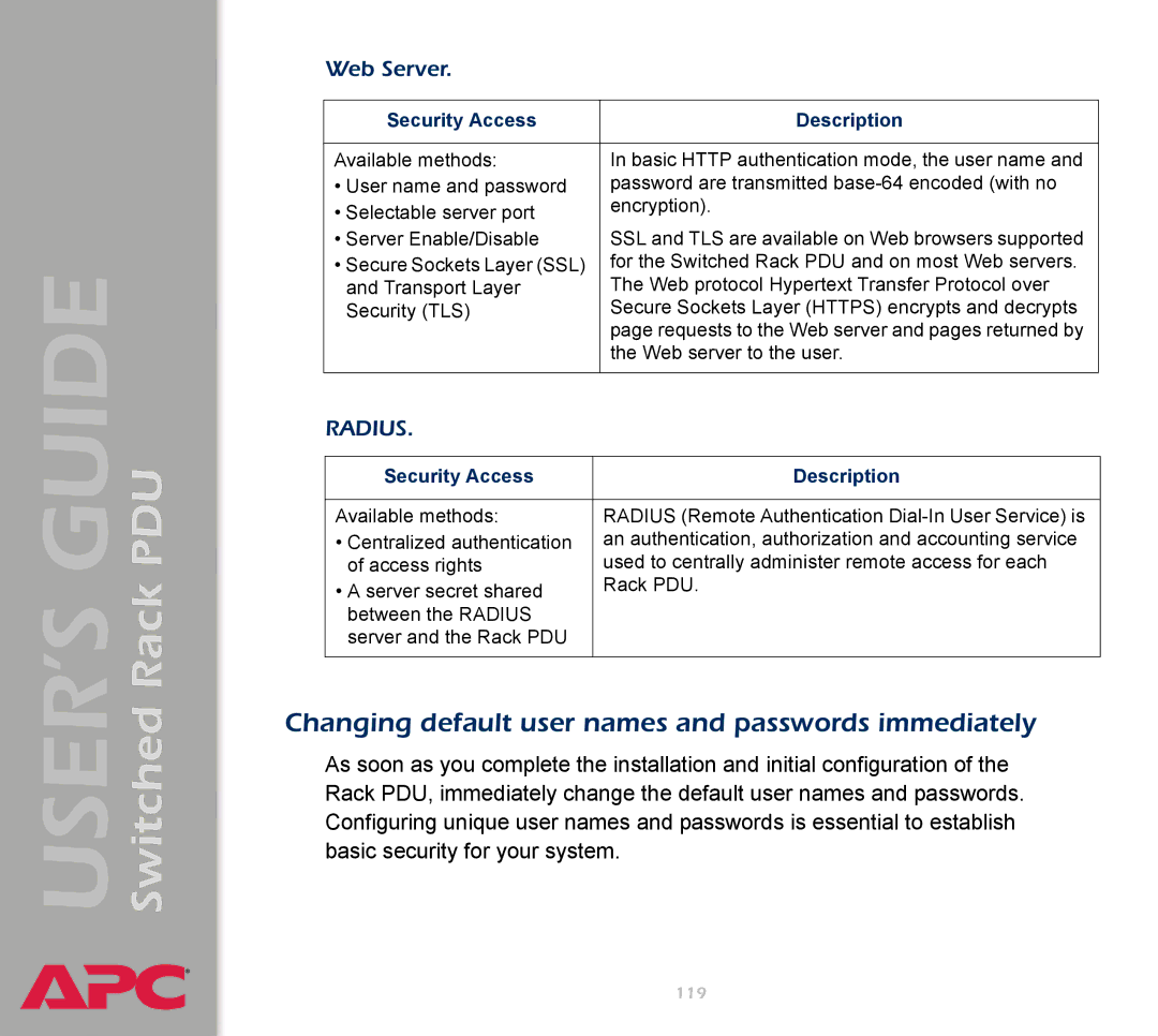 APC AP7900 manual Changing default user names and passwords immediately, Web Server 