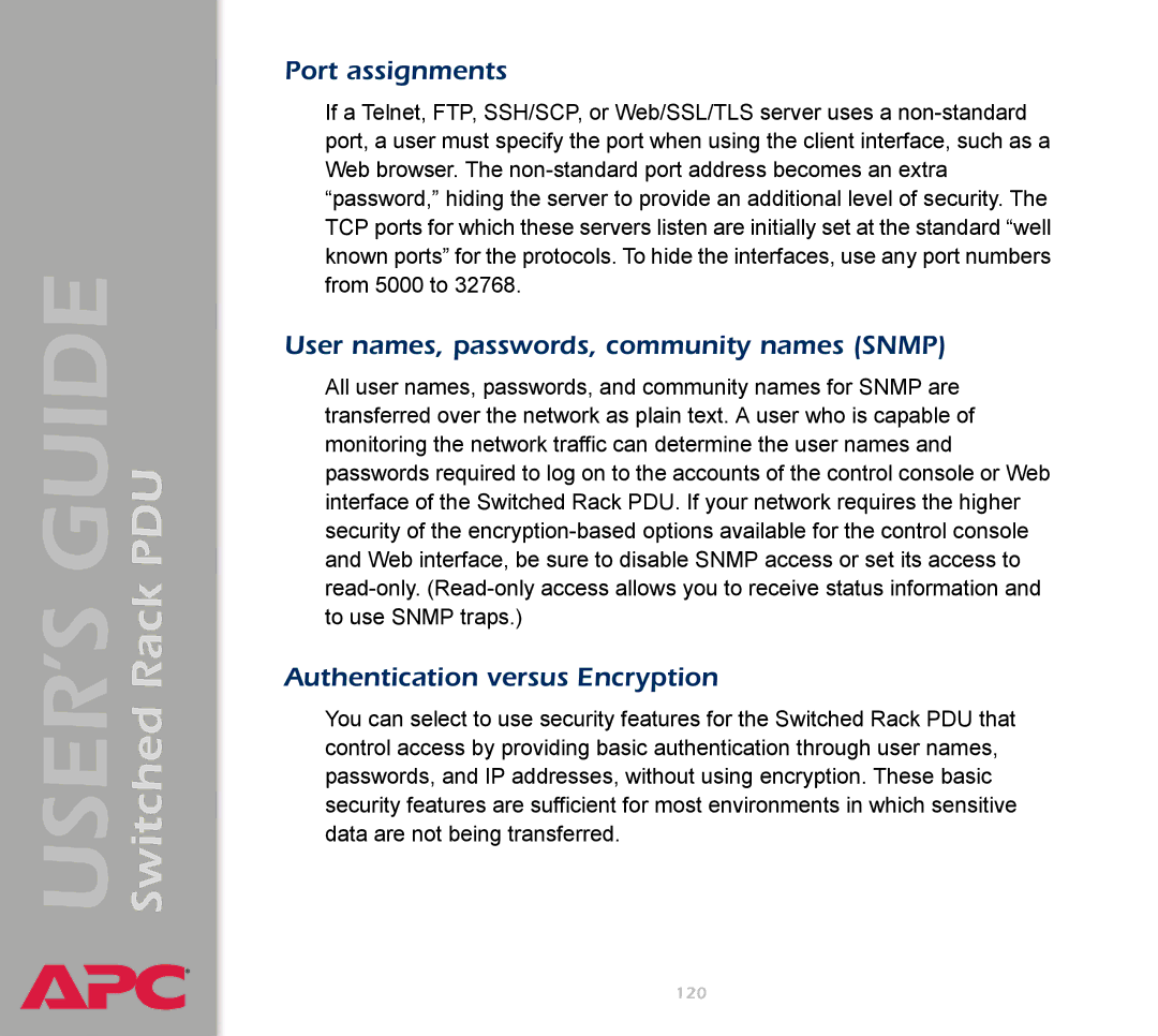 APC AP7900 manual Port assignments, User names, passwords, community names Snmp, Authentication versus Encryption 