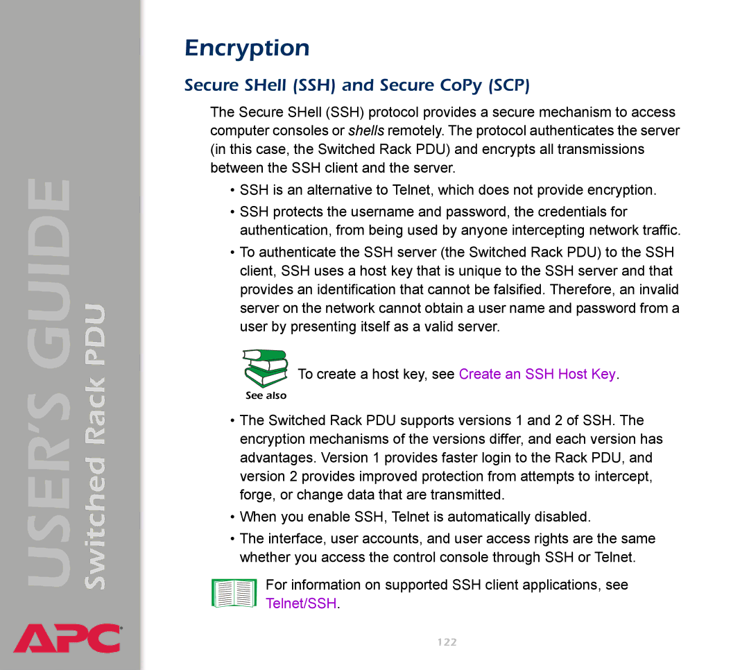 APC AP7900 manual Encryption, Secure SHell SSH and Secure CoPy SCP 