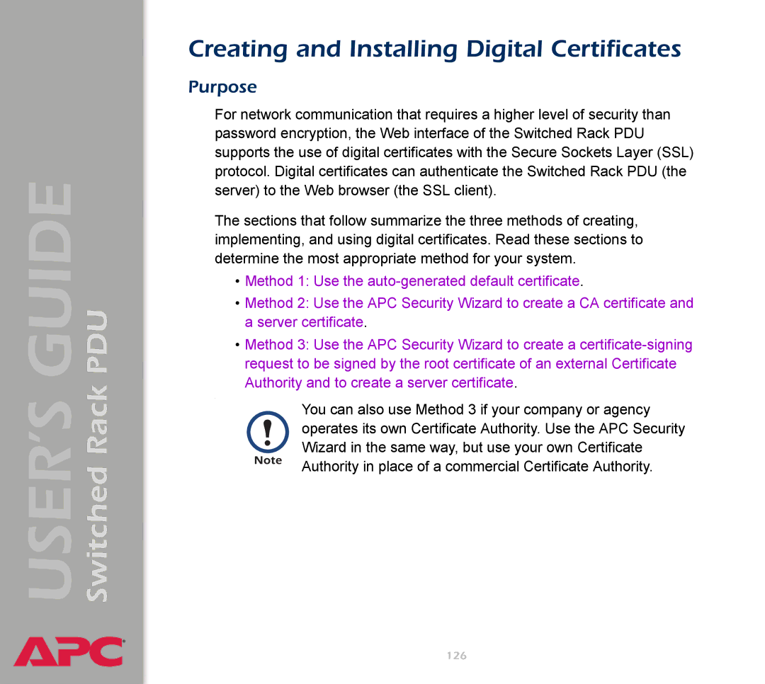 APC AP7900 manual Creating and Installing Digital Certificates, Purpose 