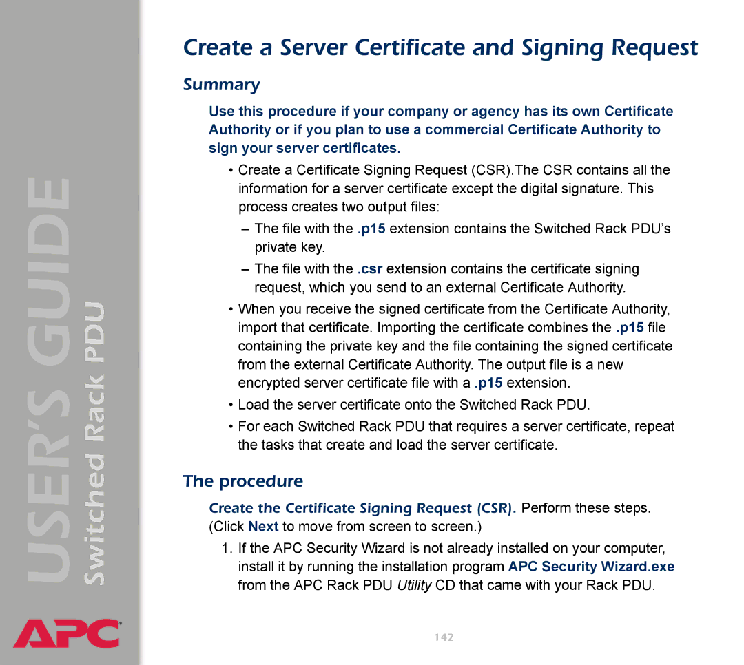 APC AP7900 manual Create a Server Certificate and Signing Request, Summary 