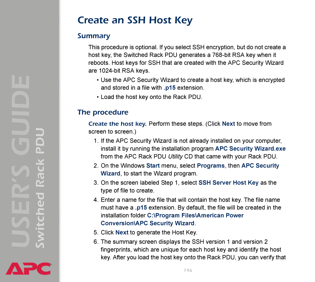 APC AP7900 manual Create an SSH Host Key, Summary 