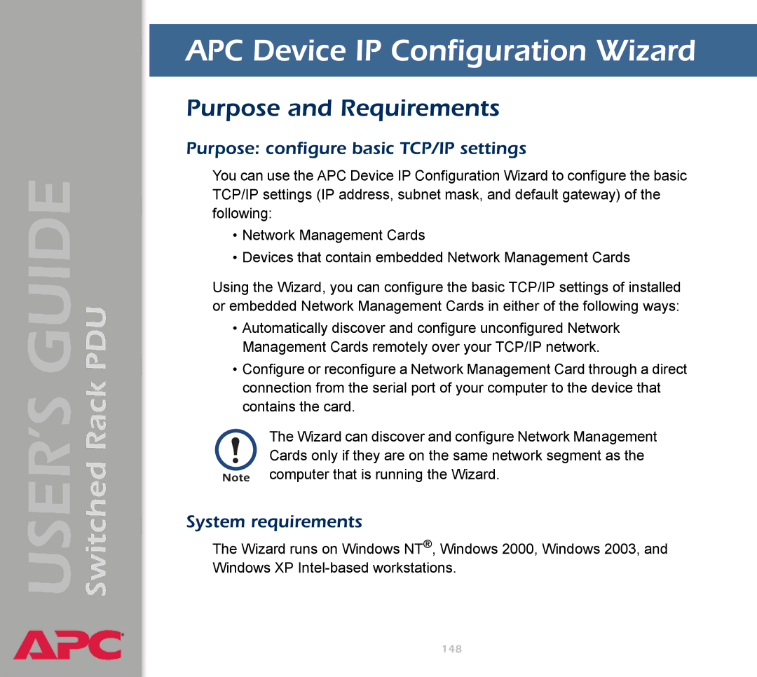 APC AP7900 manual APC Device IP Configuration Wizard, Purpose and Requirements, Purpose configure basic TCP/IP settings 