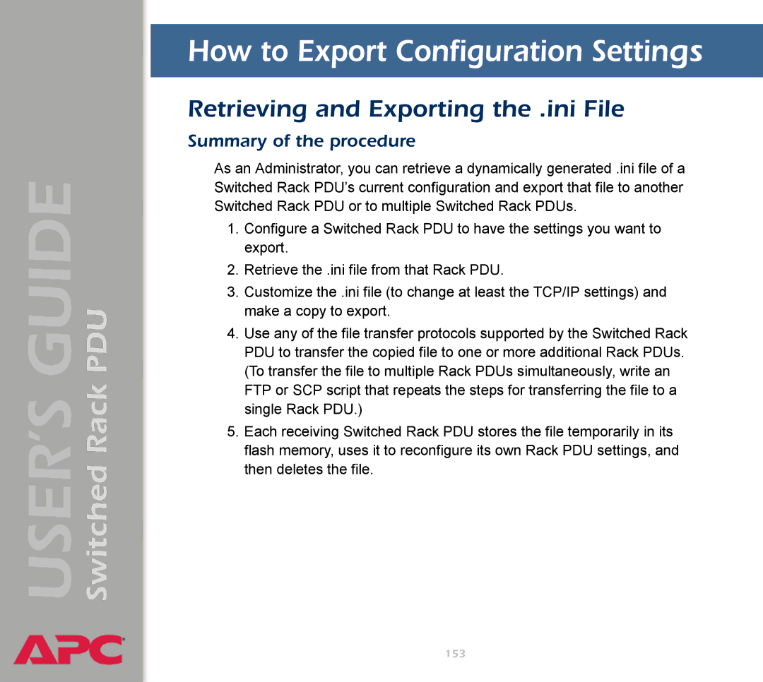 APC AP7900 manual How to Export Configuration Settings, Retrieving and Exporting the .ini File, Summary of the procedure 