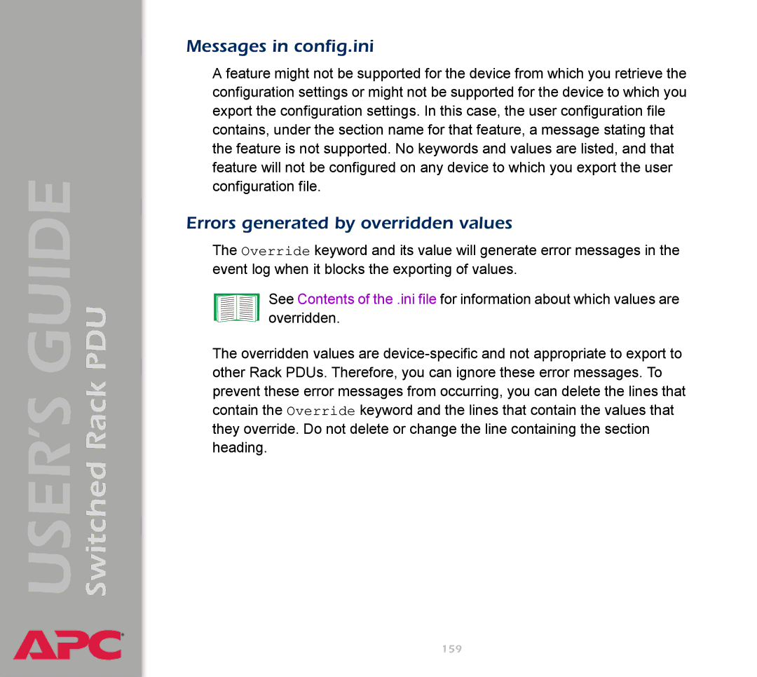 APC AP7900 manual Messages in config.ini, Errors generated by overridden values 