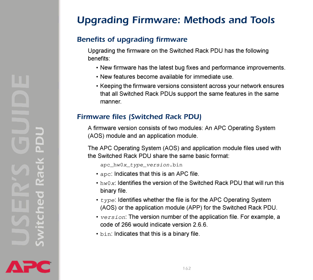 APC AP7900 manual Upgrading Firmware Methods and Tools, Benefits of upgrading firmware, Firmware files Switched Rack PDU 