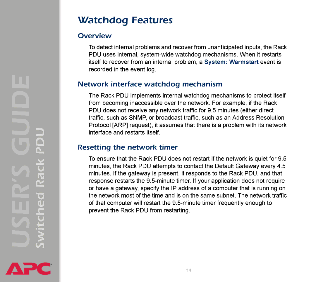 APC AP7900 manual Watchdog Features, Network interface watchdog mechanism, Resetting the network timer 