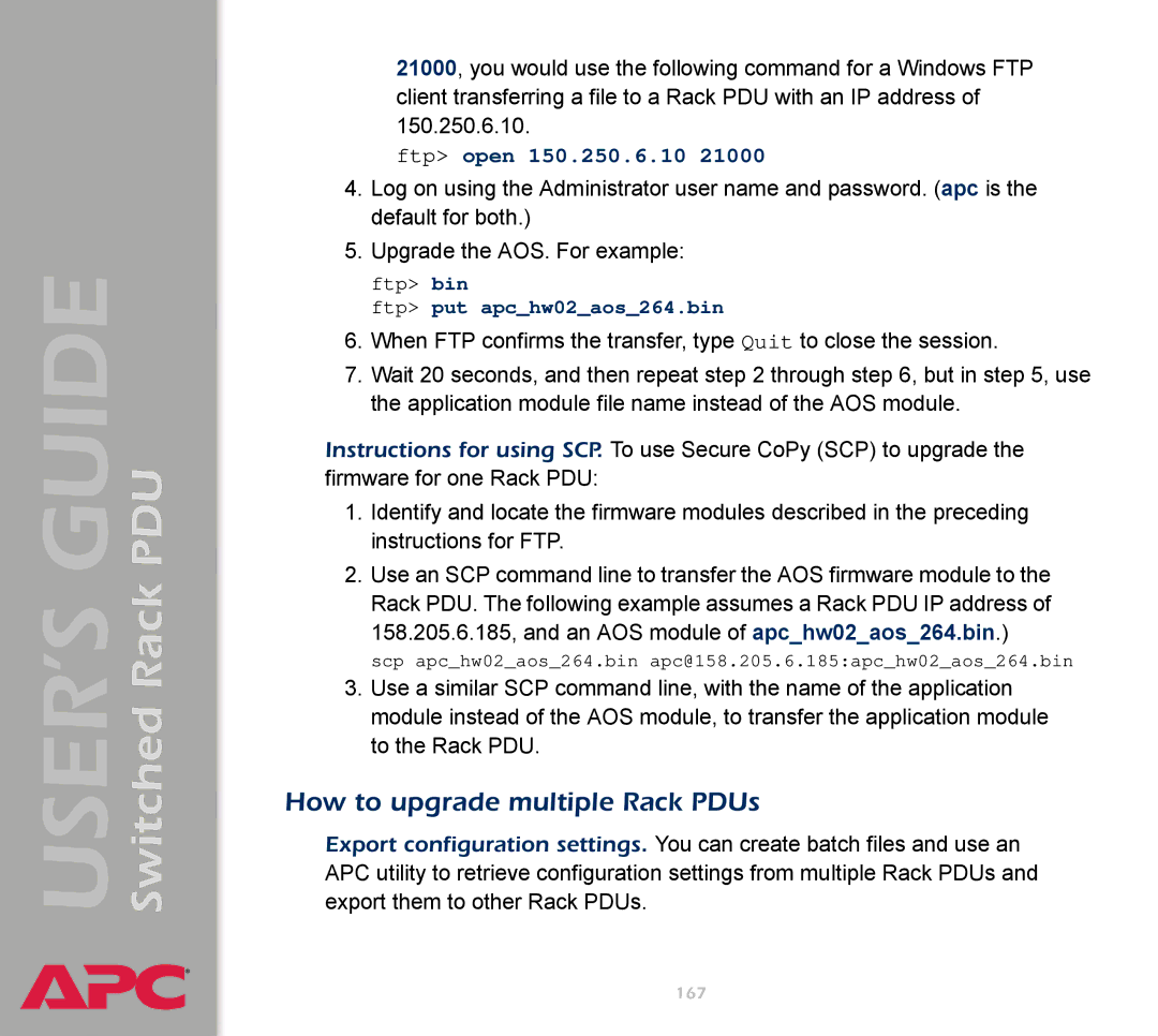 APC AP7900 manual How to upgrade multiple Rack PDUs, Ftp open 150.250.6.10 