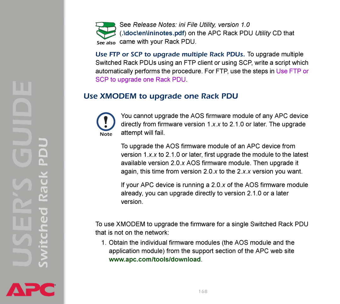 APC AP7900 manual Use Xmodem to upgrade one Rack PDU, See Release Notes ini File Utility, version 