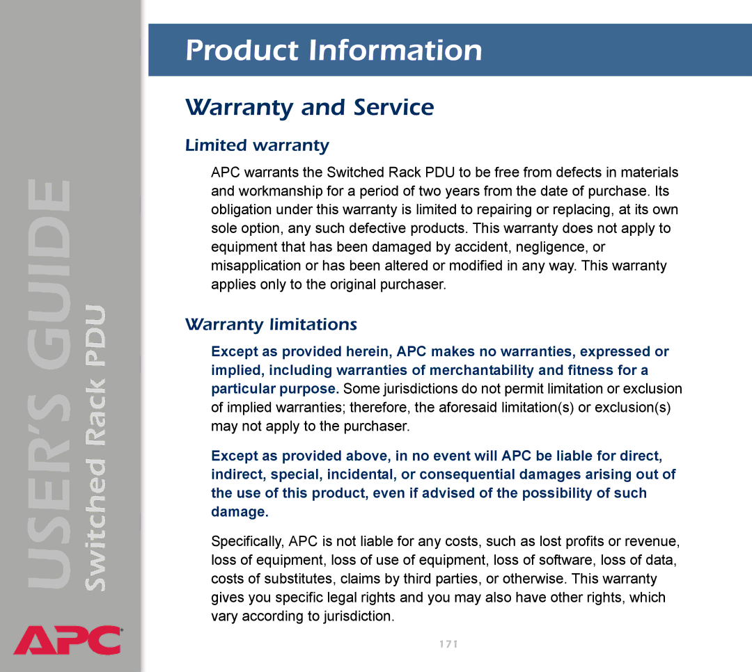 APC AP7900 manual Product Information, Warranty and Service, Limited warranty, Warranty limitations 