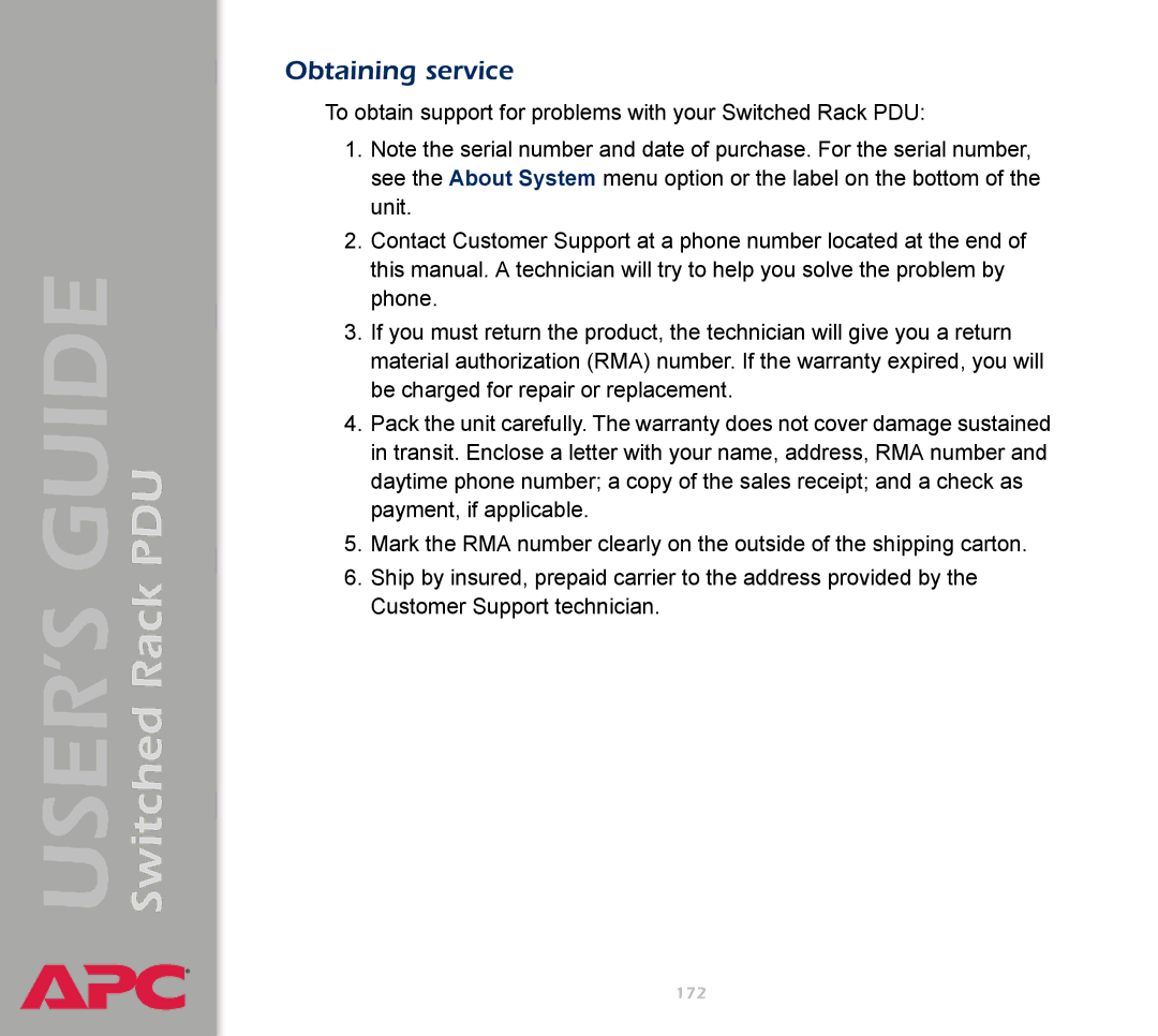 APC AP7900 manual Obtaining service 