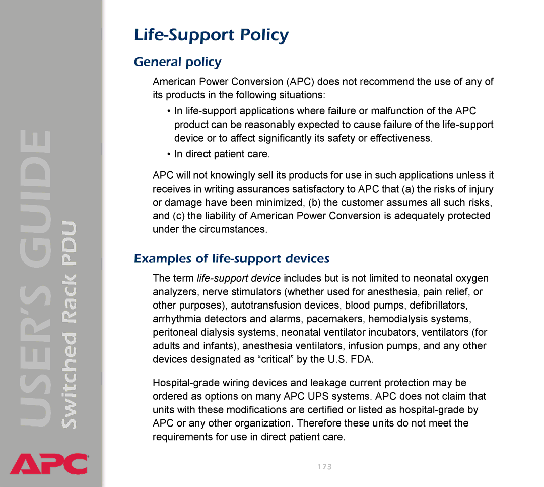 APC AP7900 manual Life-Support Policy, General policy, Examples of life-support devices 