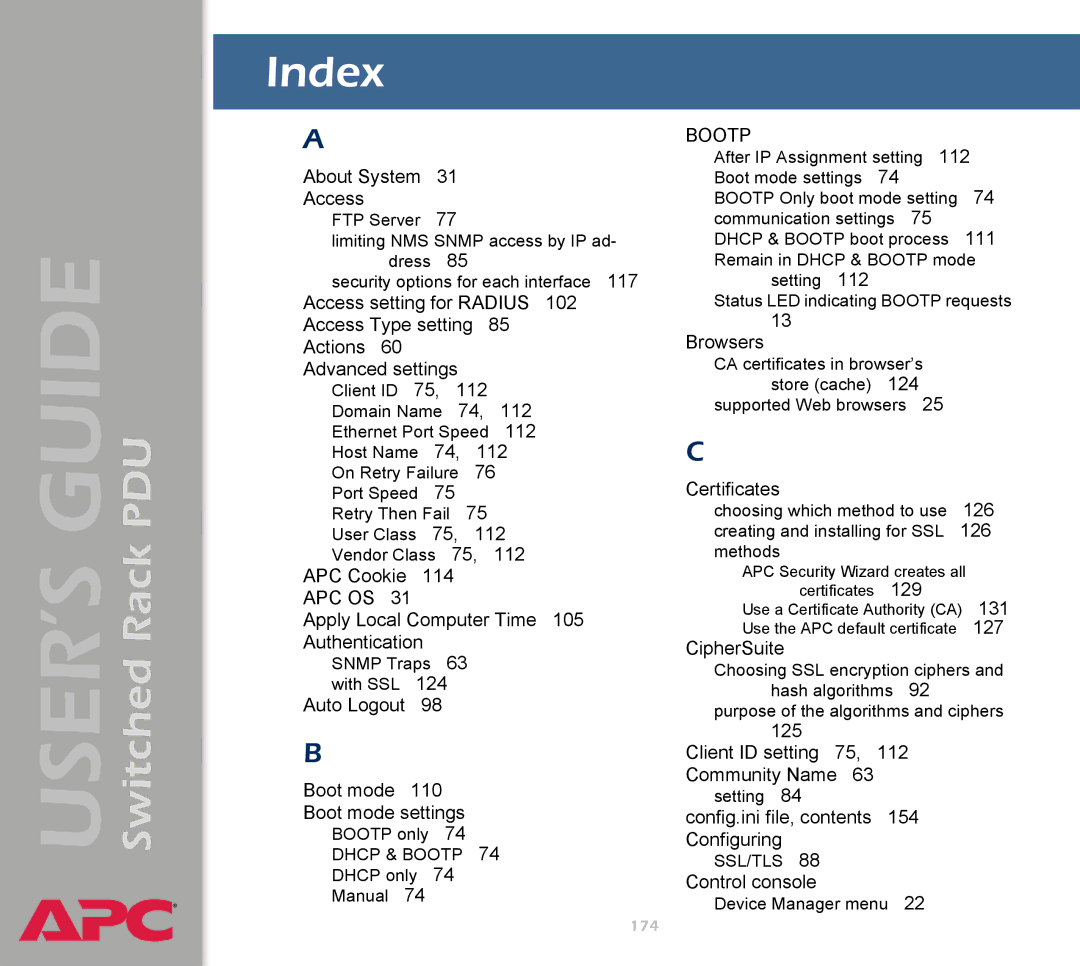 APC AP7900 manual Index, Bootp 