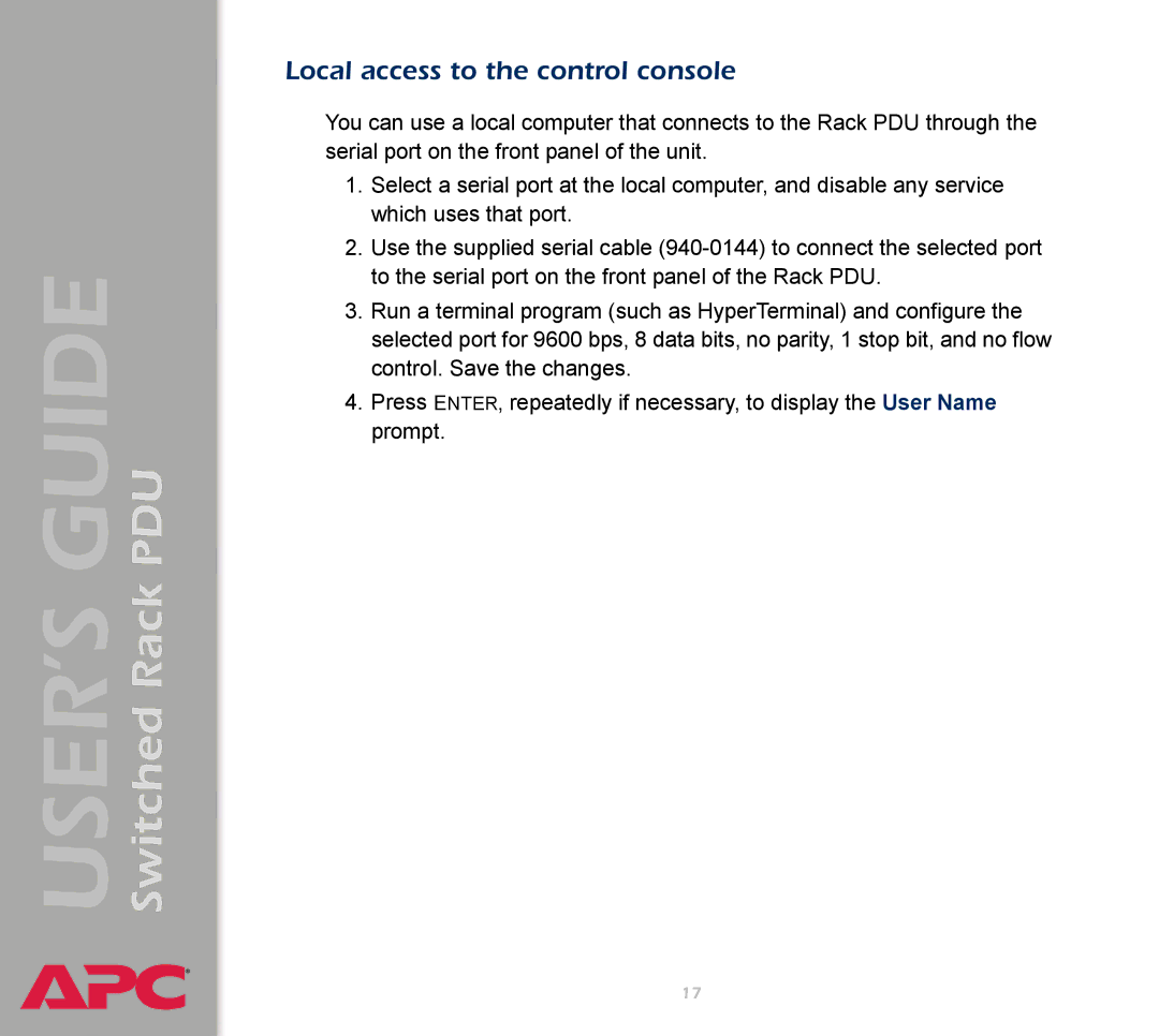 APC AP7900 manual Local access to the control console 