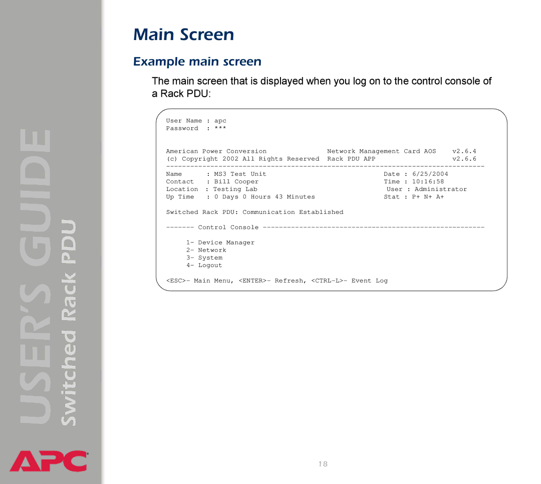 APC AP7900 manual Main Screen, Example main screen 