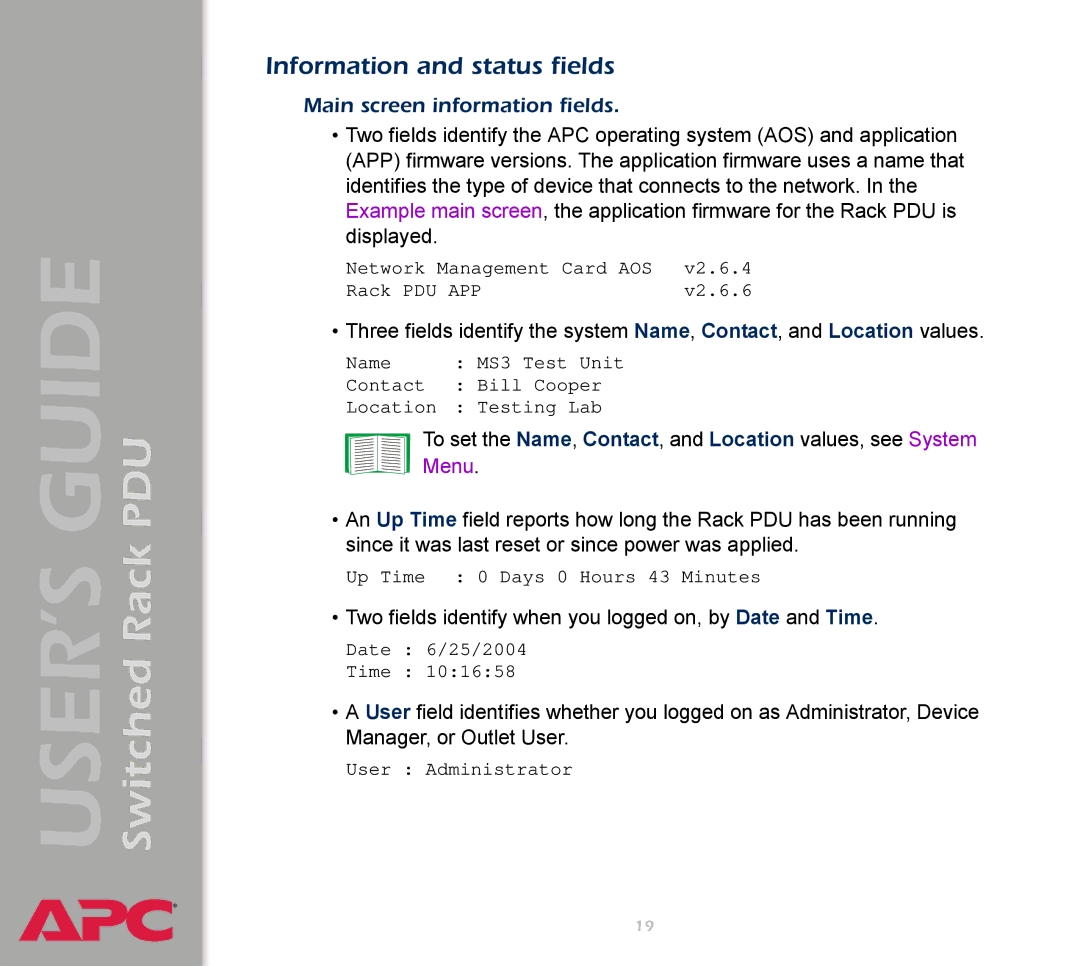 APC AP7900 manual Information and status fields, Main screen information fields 