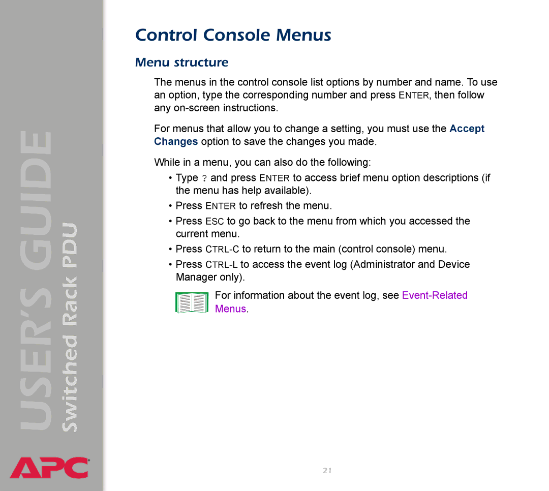 APC AP7900 manual Control Console Menus, Menu structure 