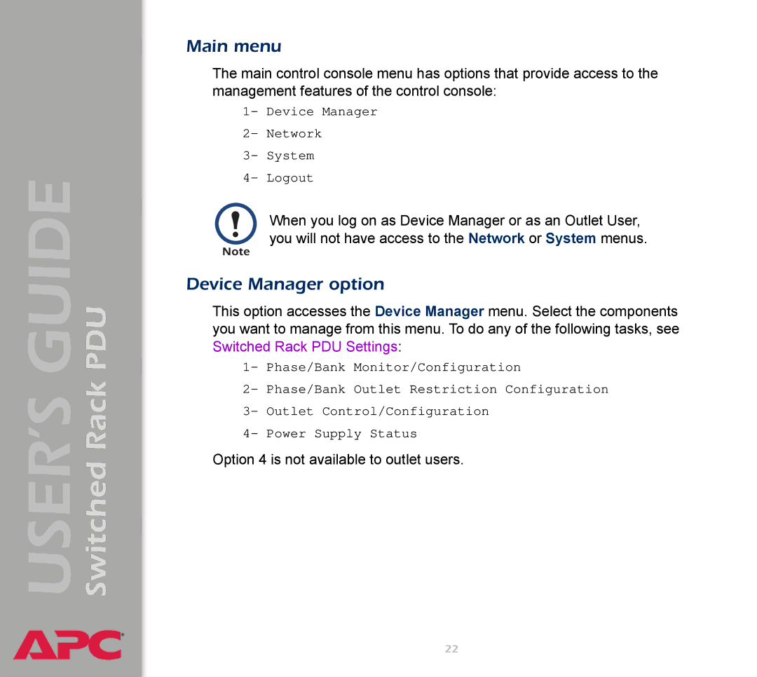 APC AP7900 manual Main menu, Device Manager option 