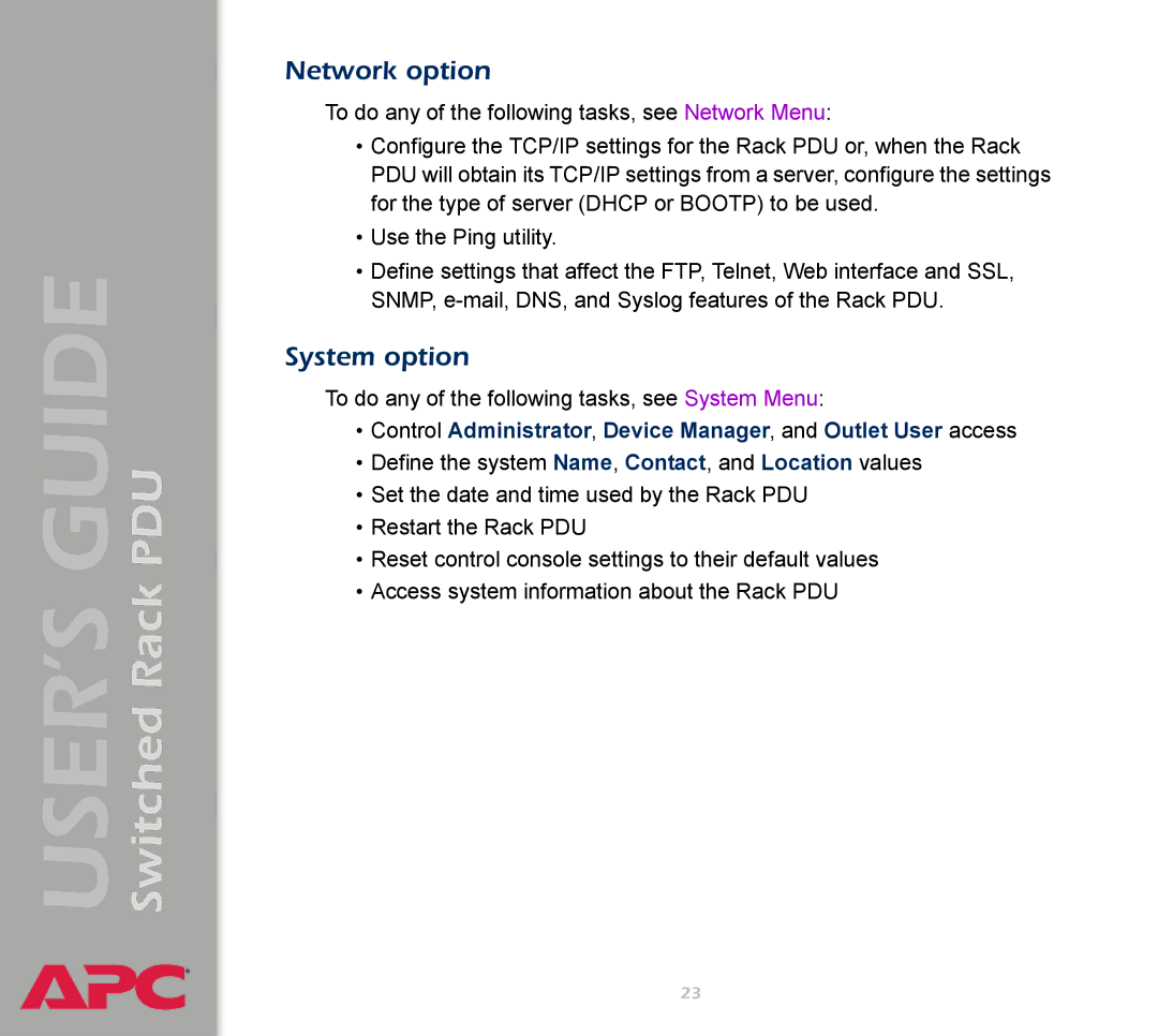 APC AP7900 manual Network option, System option 