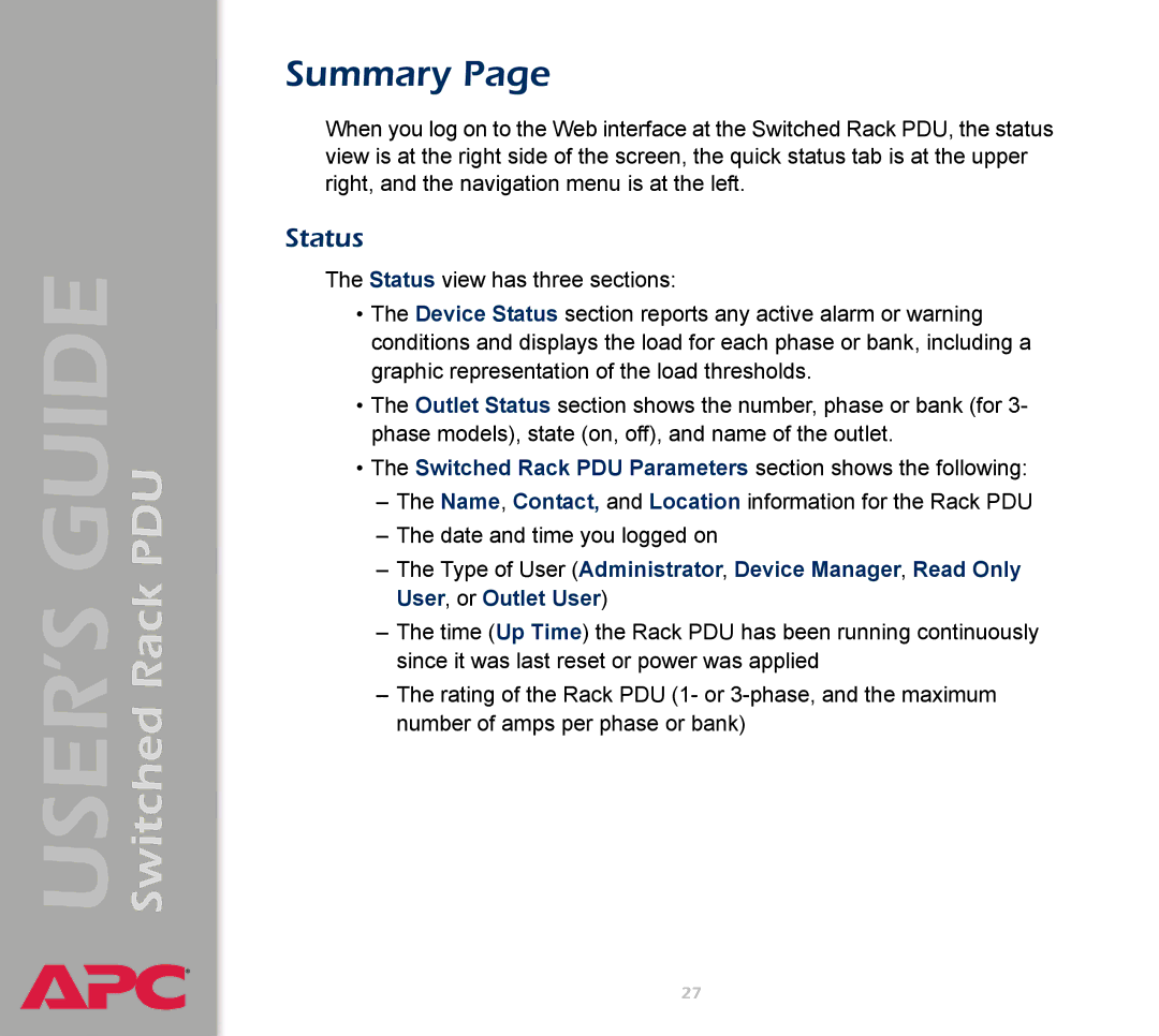 APC AP7900 manual Summary, Status 