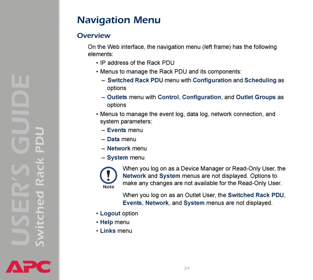 APC AP7900 manual Navigation Menu, Events menu Data menu Network menu System menu 