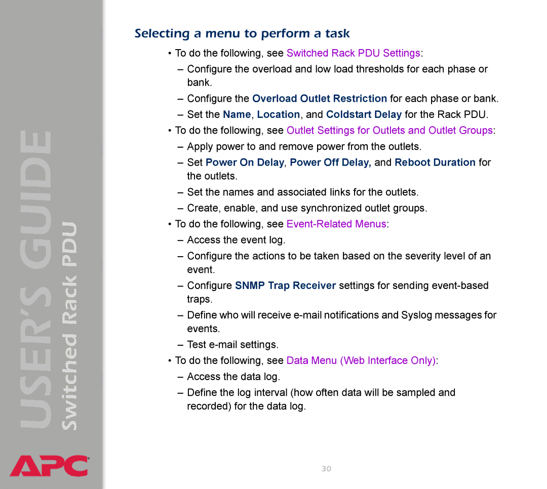 APC AP7900 manual Selecting a menu to perform a task, To do the following, see Data Menu Web Interface Only 