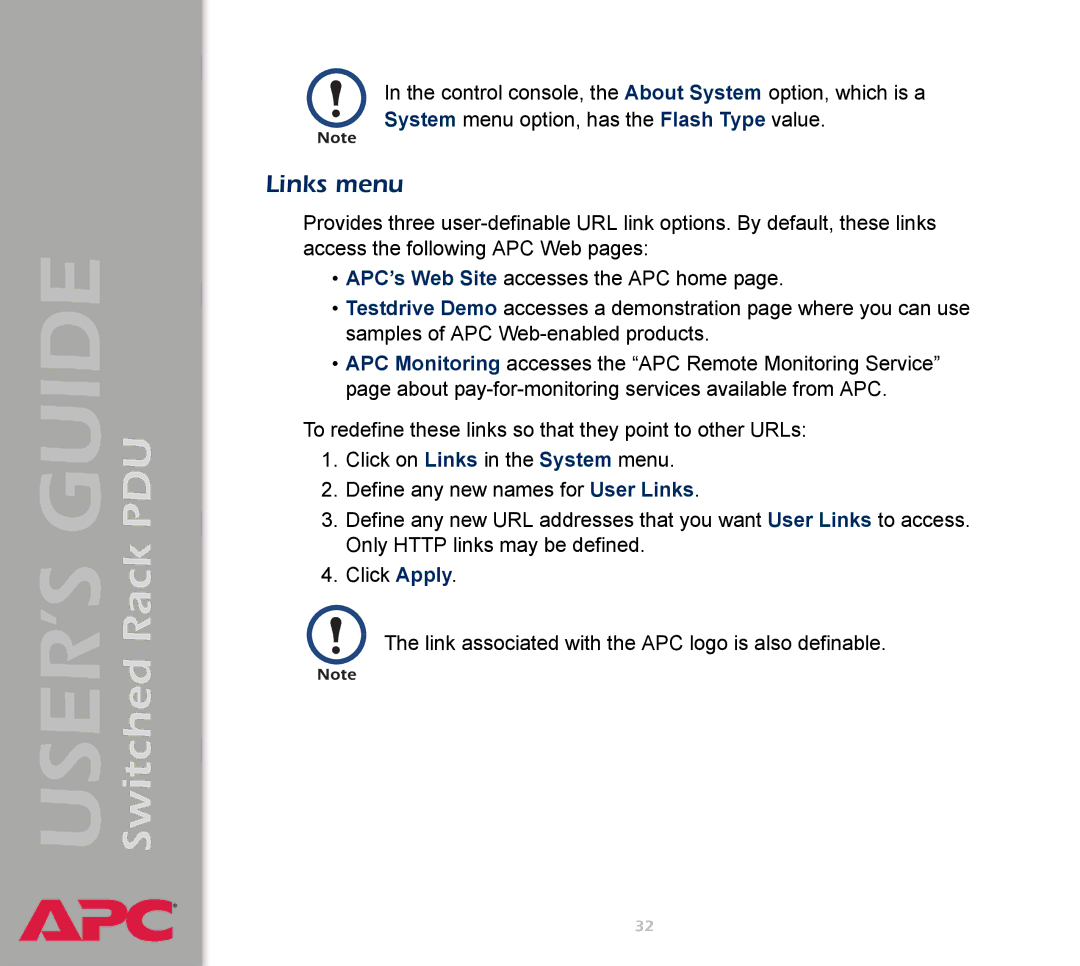 APC AP7900 manual Links menu 