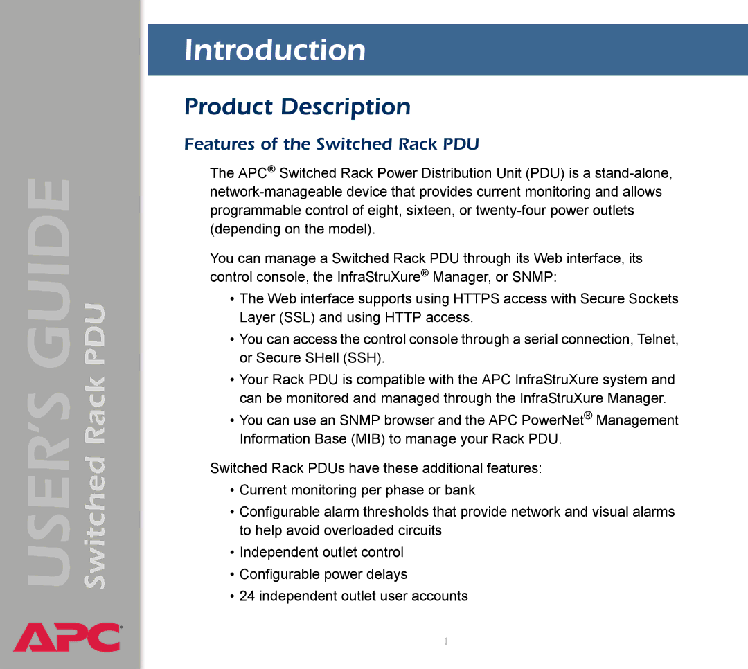 APC AP7900 manual Introduction, Product Description, Features of the Switched Rack PDU 