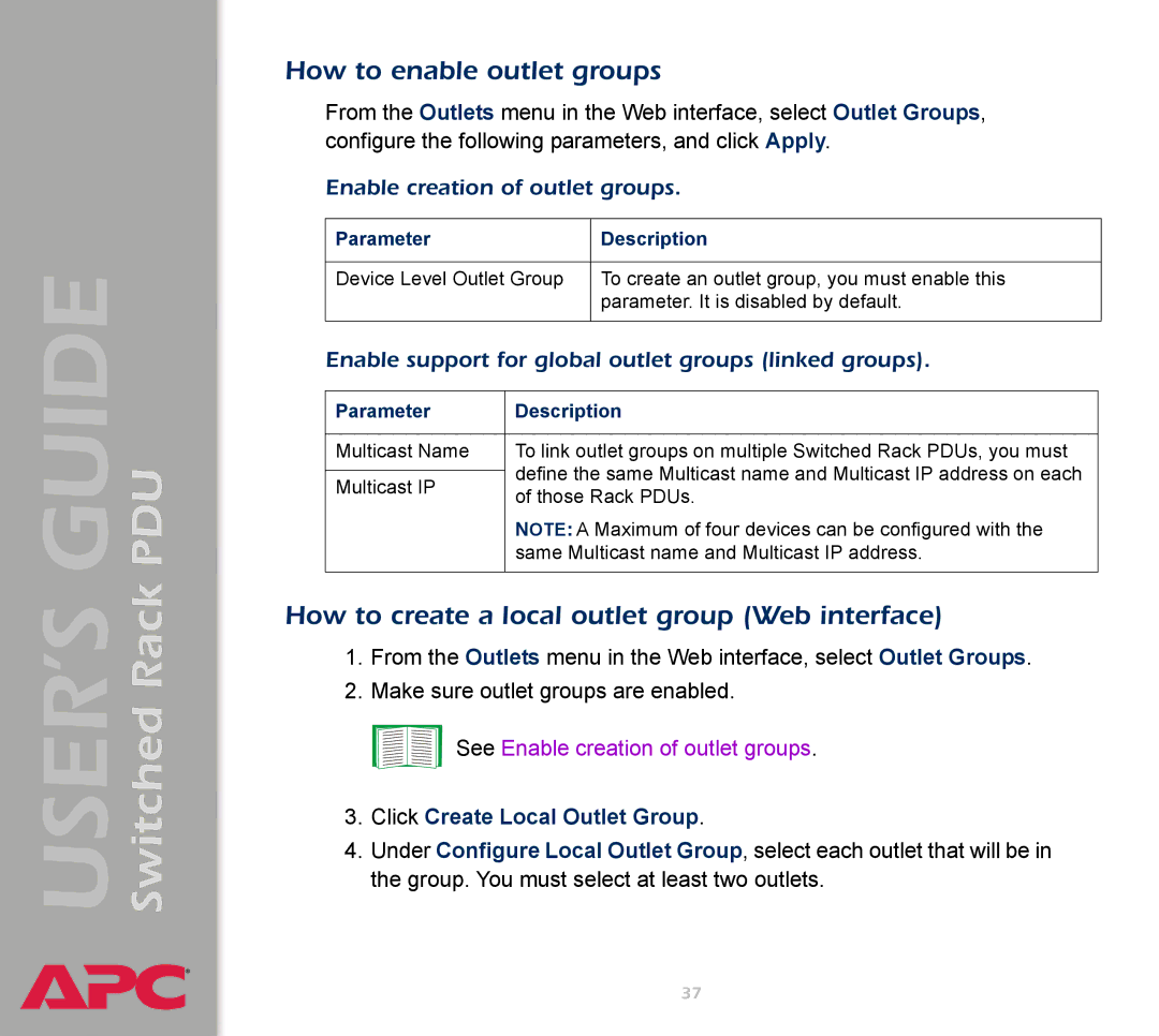 APC AP7900 manual How to enable outlet groups, How to create a local outlet group Web interface, Parameter Description 