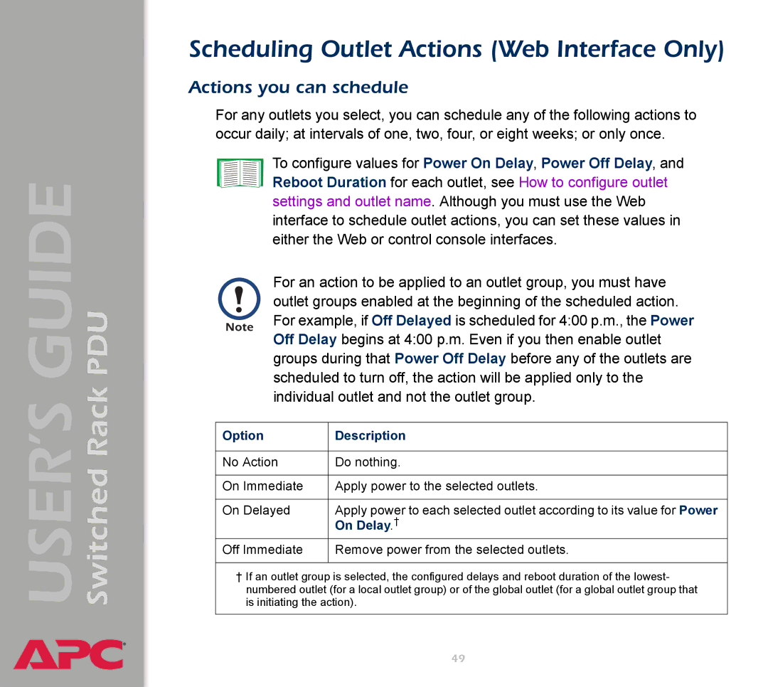 APC AP7900 manual Scheduling Outlet Actions Web Interface Only, Actions you can schedule, On Delay . † 