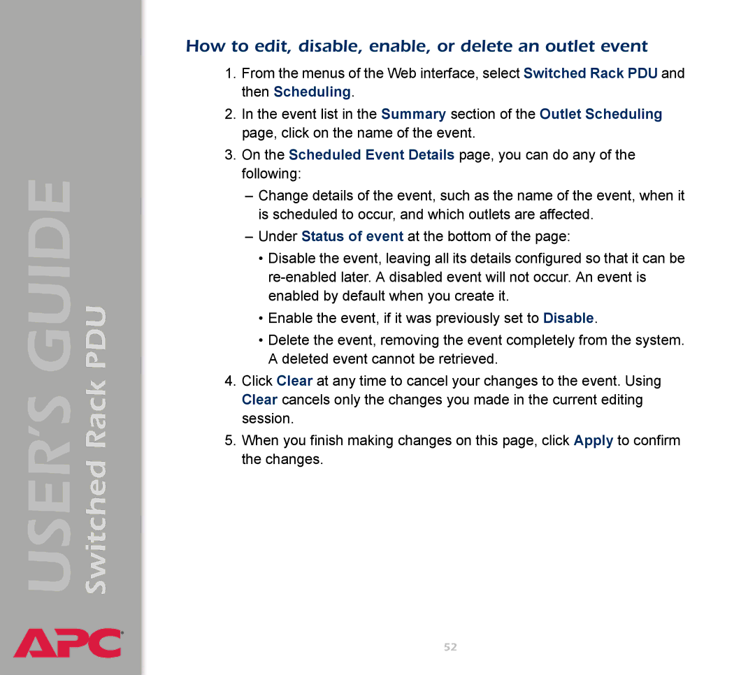 APC AP7900 manual How to edit, disable, enable, or delete an outlet event 