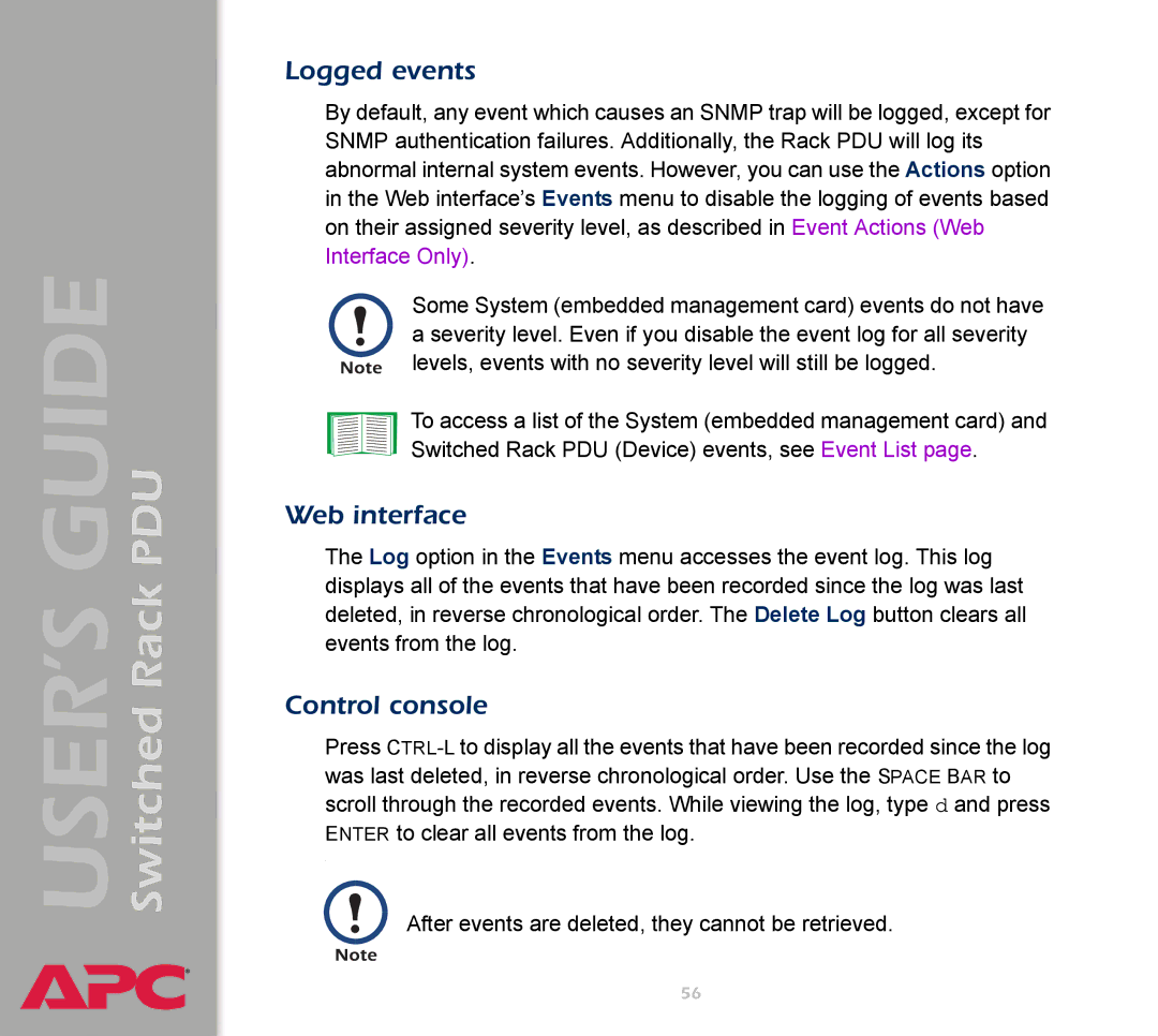 APC AP7900 manual Logged events, Web interface, Control console 