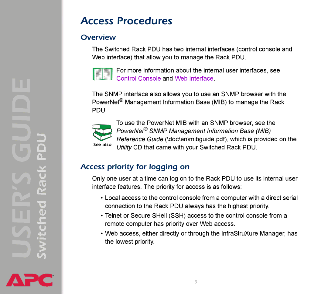 APC AP7900 manual Access Procedures, Overview, Access priority for logging on 