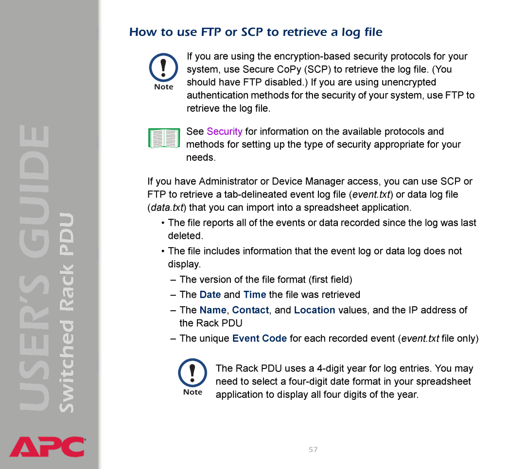 APC AP7900 manual How to use FTP or SCP to retrieve a log file 