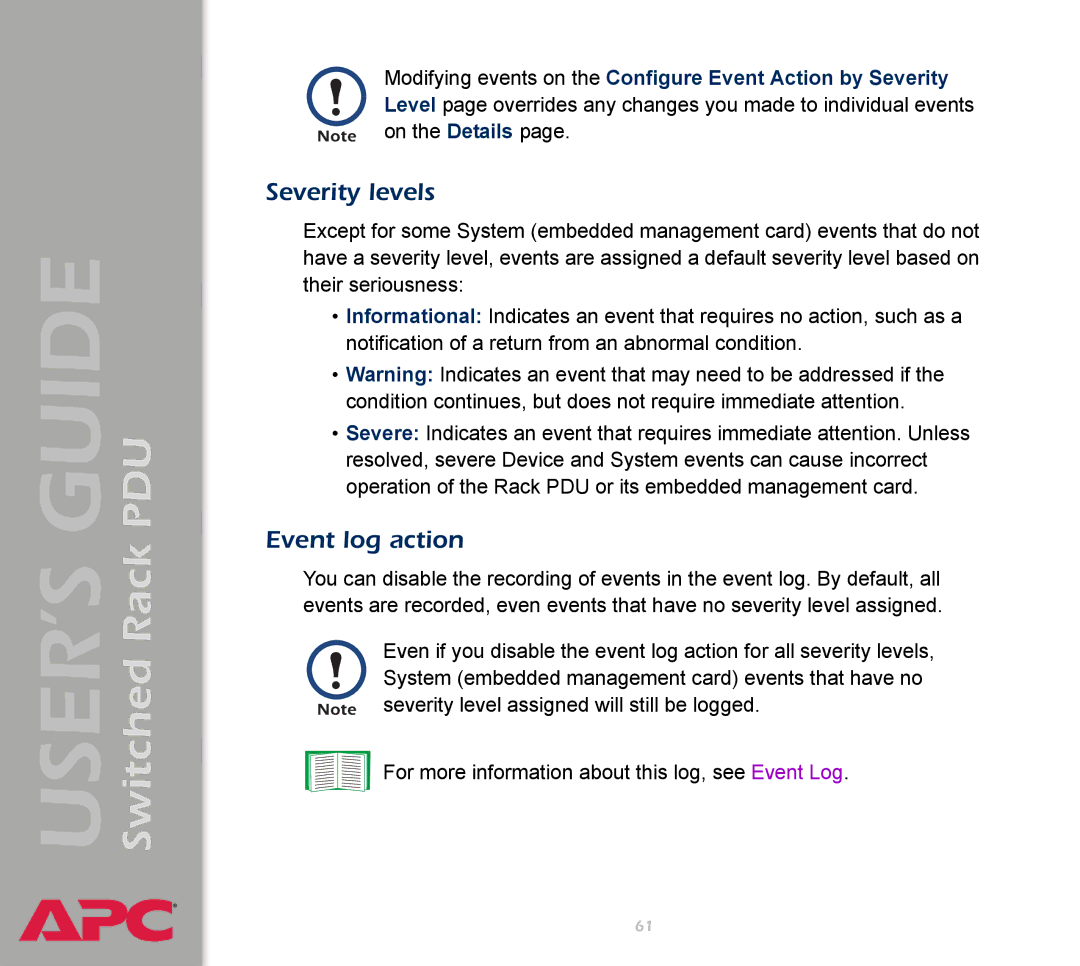 APC AP7900 manual Severity levels, Event log action 