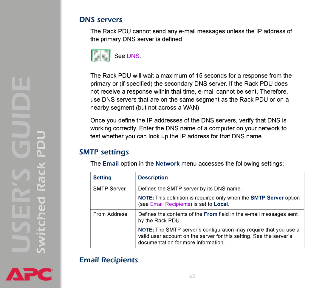 APC AP7900 manual DNS servers, Smtp settings, Email Recipients 