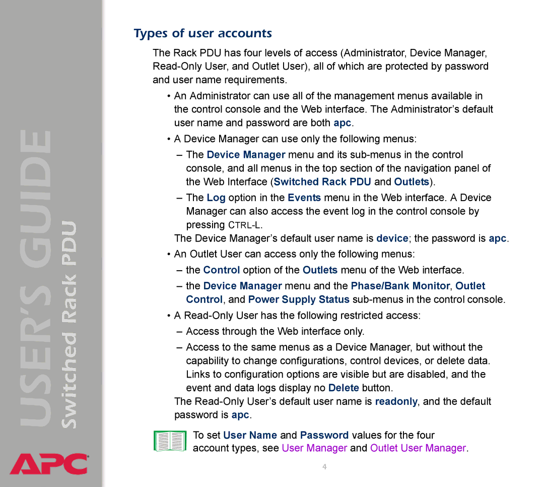 APC AP7900 manual Types of user accounts 