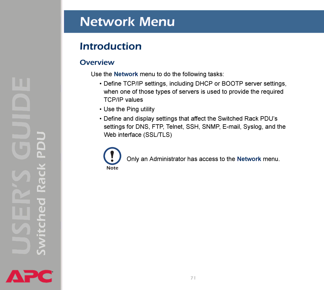 APC AP7900 manual Network Menu, Introduction 