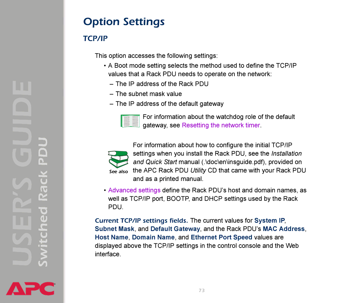 APC AP7900 manual Option Settings, Tcp/Ip 